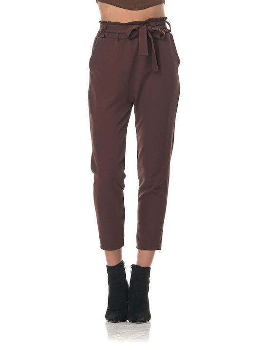Sushi's Closet Women's High-waisted Fabric Trousers with Elastic in Paperbag Fit Brown