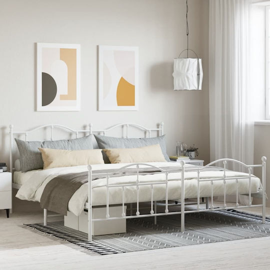 Pat King Size Metalic Alb cu Lamele pentru Saltea 190x200cm