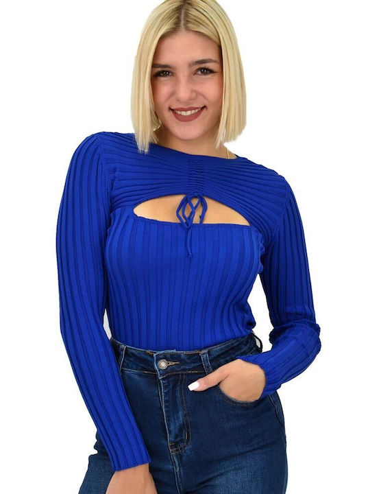 Potre Women's Crop Top Long Sleeve Blue