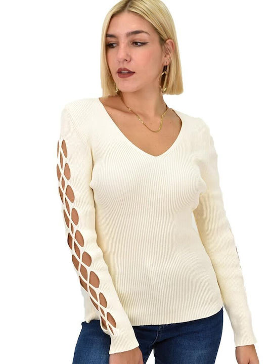 Potre Damen Bluse Langärmelig mit V-Ausschnitt Beige