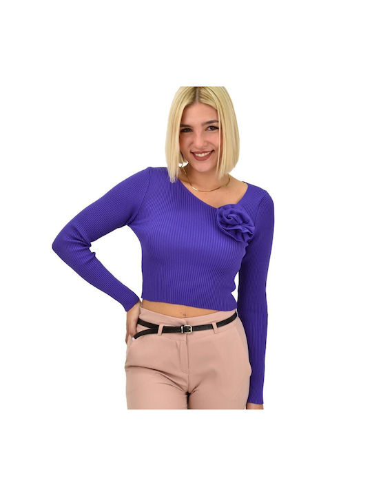 Potre Women's Long Sleeve Crop Sweater with V Neckline Floral Purple