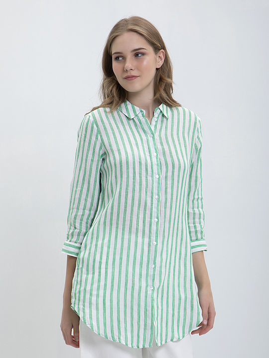 Clarina Women's Linen Striped Shirt Green