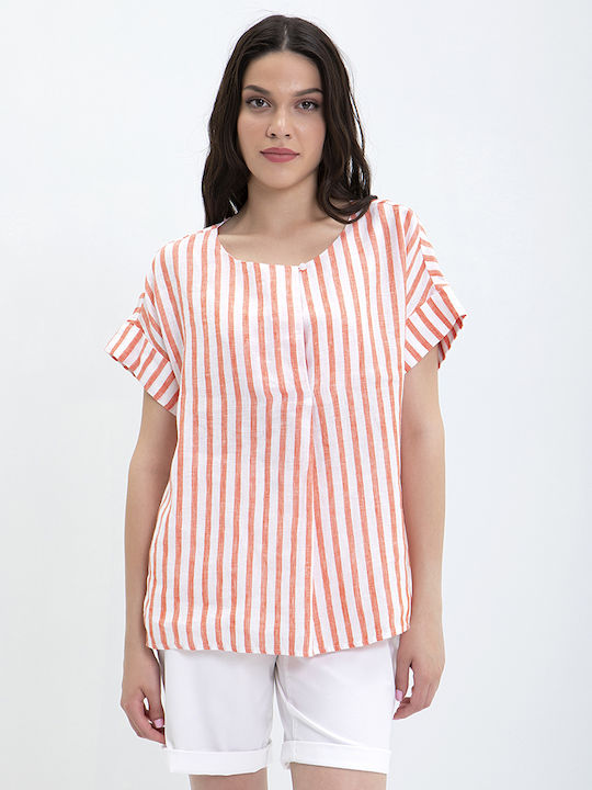 Clarina Women's Summer Blouse Linen Short Sleeve Striped Orange