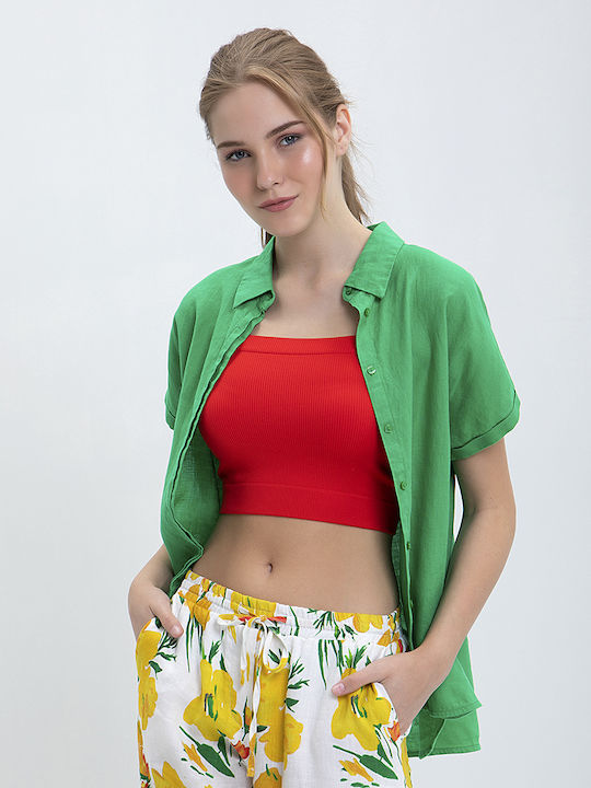 Clarina Women's Linen Short Sleeve Shirt Green