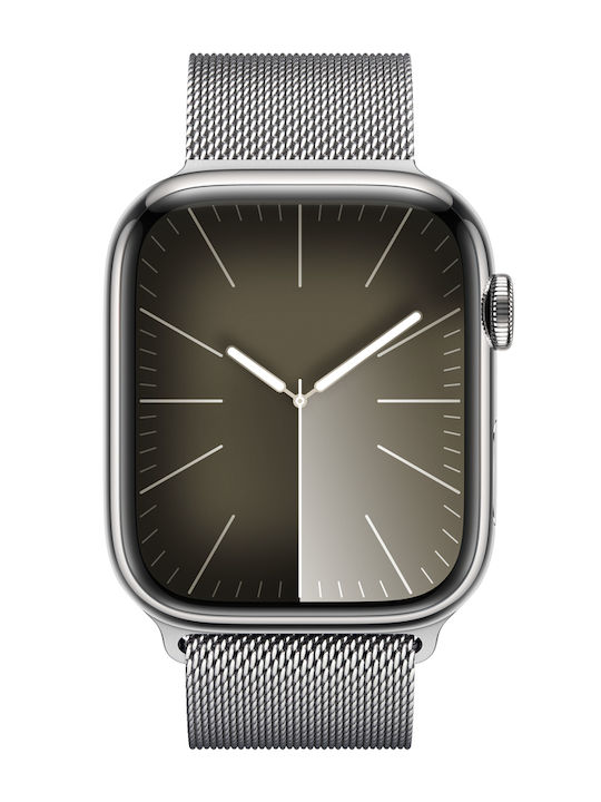 Apple Watch Series 9 Cellular Stainless Steel 45mm Αδιάβροχο με eSIM και Παλμογράφο (Silver με Silver Milanese Loop)