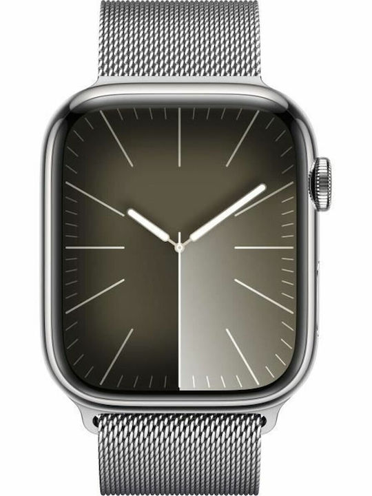 Apple Watch Series 9 Cellular Stainless Steel 45mm Αδιάβροχο με eSIM και Παλμογράφο (Silver με Silver Milanese Loop)