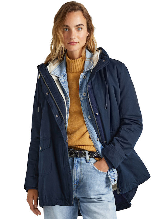 Pepe Jeans Women's Short Parka Jacket for Winter Navy Blue