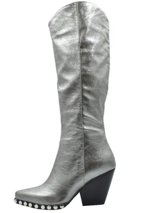 Leder Damenstiefel mit mittlerem Absatz Silber