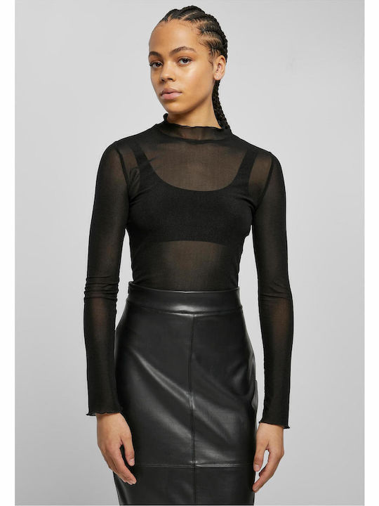 Long Sleeve Turtleneck Bodysuit with Transparency Slim Fit Black