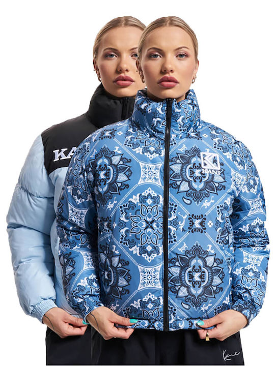 Women's Short Puffer Jacket Double Sided for Winter Light Blue