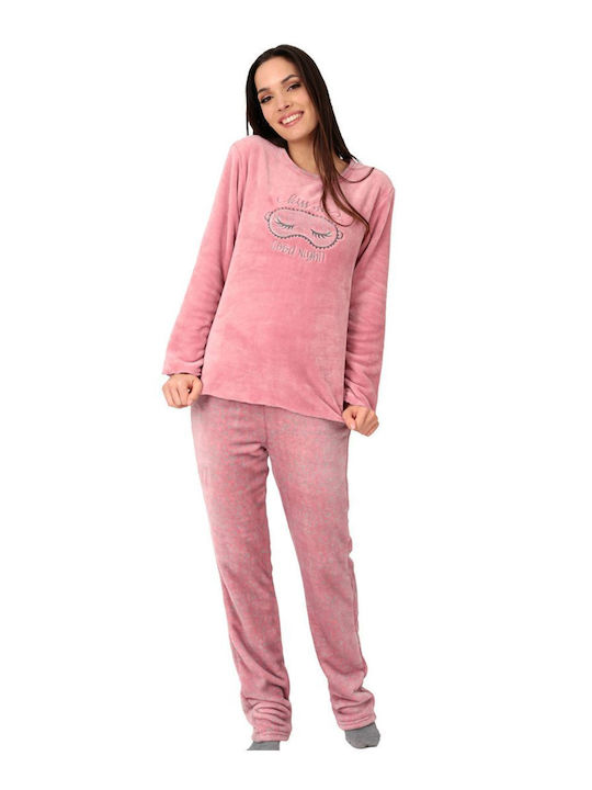 Lydia Creations Winter Damen Pyjama-Set Vlies Rosa