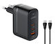Ldnio Φορτιστής GaN με Θύρα USB-A και 2 Θύρες USB-C και Καλώδιο USB-C - USB-C 65W Quick Charge 3.0 / Power Delivery Μαύρος (Q366)