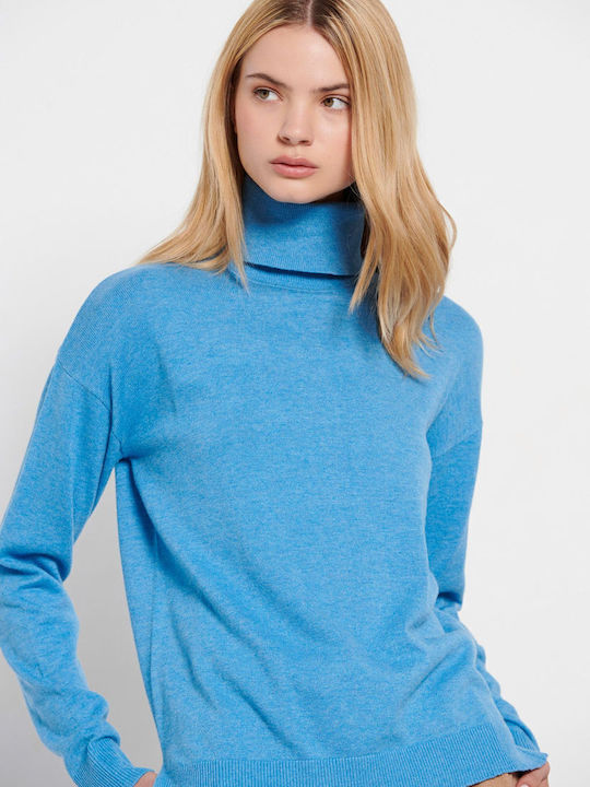 Women's Long Sleeve Sweater Cotton Turtleneck Blue
