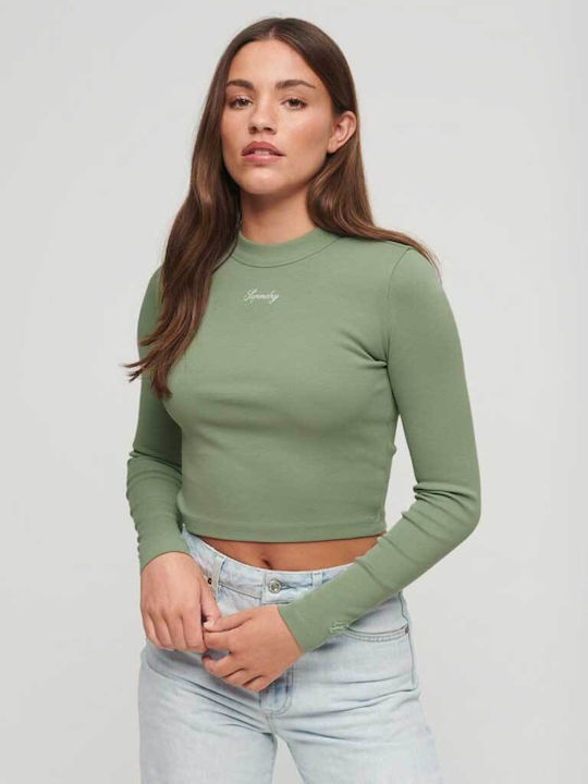 Superdry Top de Damă Crop cu Mânecă Lungă Verde