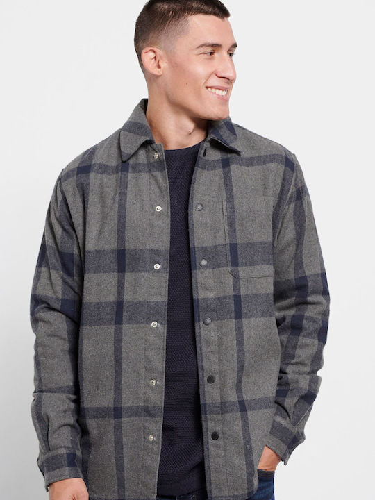 Дълъг Ръкав Фланелена Overshirt с Прекалено Голяма Линия Каре Сив