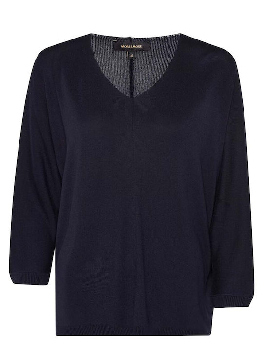 MORE & MORE Damen Pullover mit 3/4-Ärmeln & V-Ausschnitt Blau