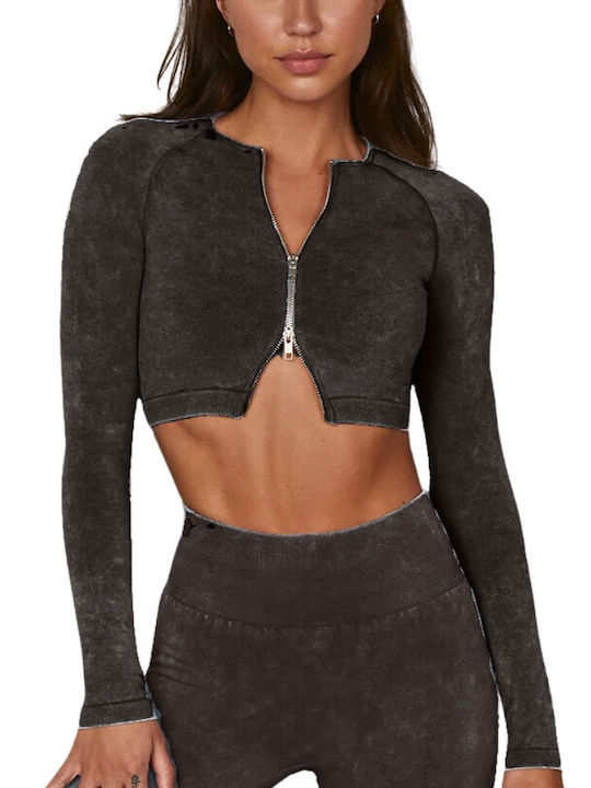 Paulina Γυναικείο Αθλητικό Crop Top Μακρυμάνικο Γκρι