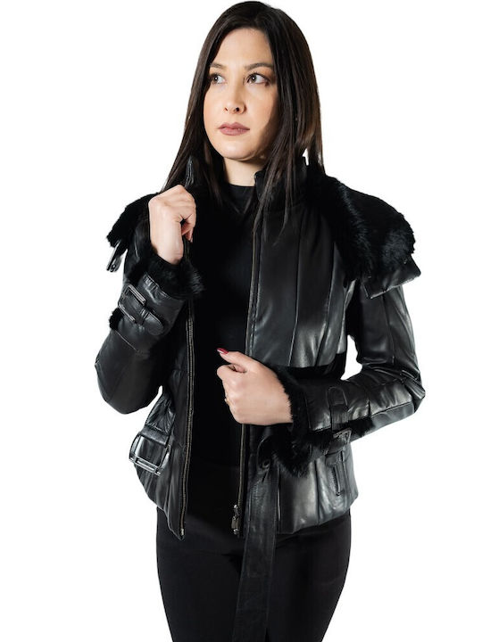 MARKOS LEATHER Women's Short Biker Leather Jacket for Winter with Detachable Hood Black