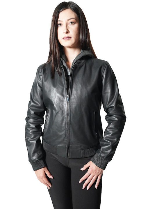 MARKOS LEATHER Women's Short Biker Leather Jacket for Spring or Autumn with Hood Black