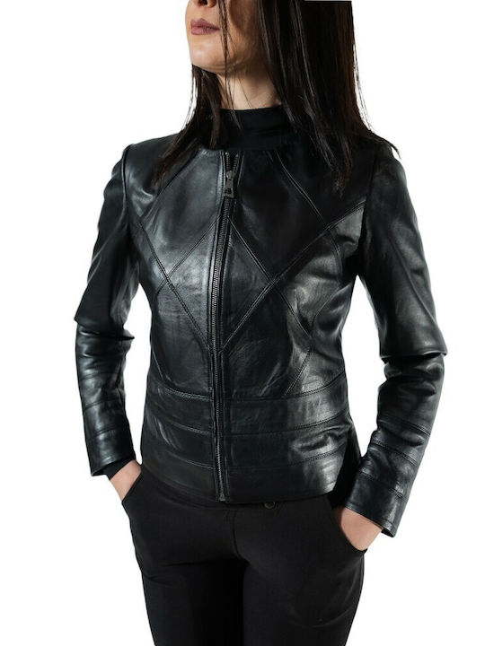 MARKOS LEATHER Women's Short Biker Leather Jacket for Winter Black