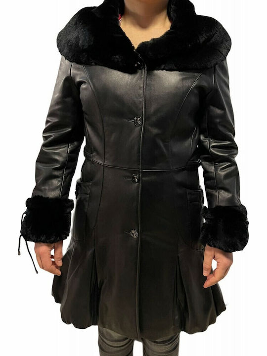 Leather Women's Black Coat with Fur Details