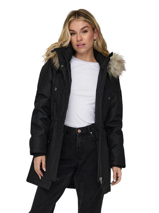 Iris Women's Short Puffer Jacket for Winter with Hood Black/beige