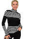 Potre Women's Long Sleeve Sweater Turtleneck Striped Black