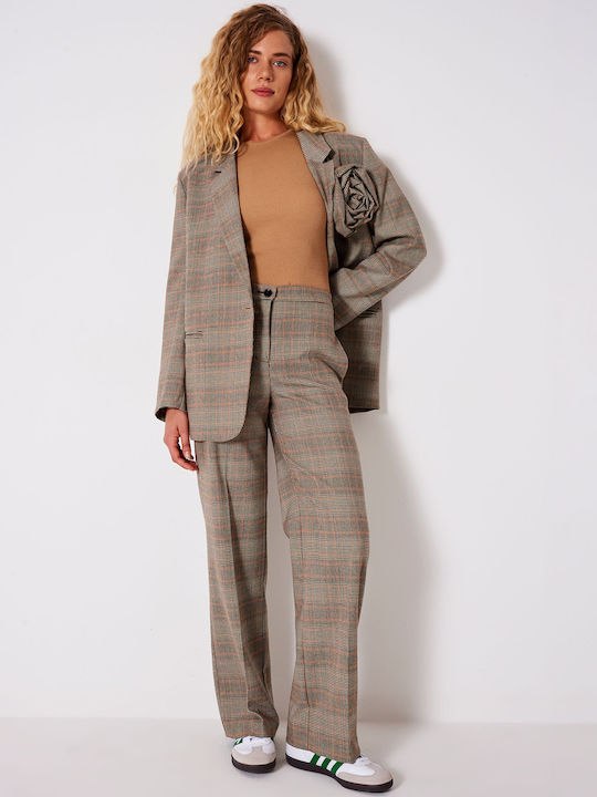 Vicolo Women's Fabric Trousers in Wide Line Checked Beige