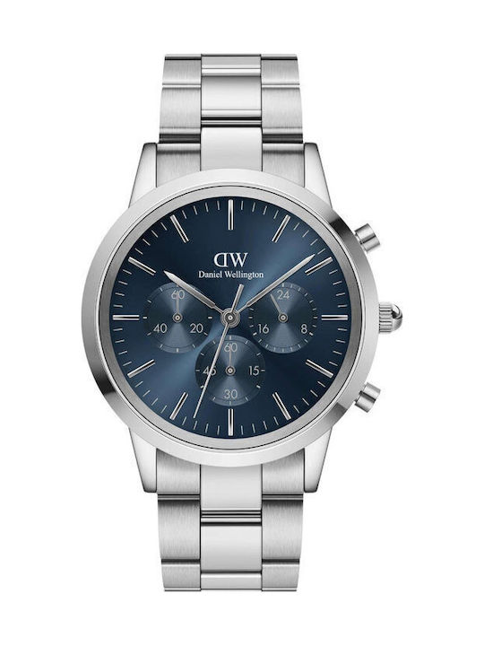 Daniel Wellington Iconic Ανδρικό Ρολόι 42mm Χρονογράφος Μπαταρίας με Ασημί Μεταλλικό Μπρασελέ