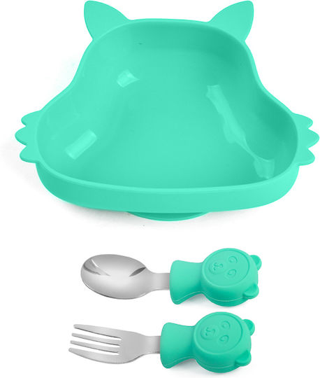 Queen Mother Baby & Kids Feeding Set Squirrel Made of Silicone with Anti-Slip Turquoise Base 3 Pieces for 6+ Months