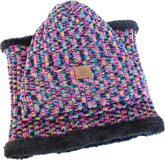 Unisex Set mit Beanie Fleece Gestrickt Μωβ-Πολύχρωμο