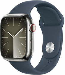 Apple Watch Series 9 Cellular Неръждаема стомана 41мм Водоустойчив с Пулсомер (Сребърен със спортна лента Storm Blue (S/M))