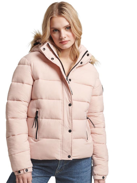 Superdry Kurz Damen Puffer Jacke mit pelziger Kapuze für Winter Rosa