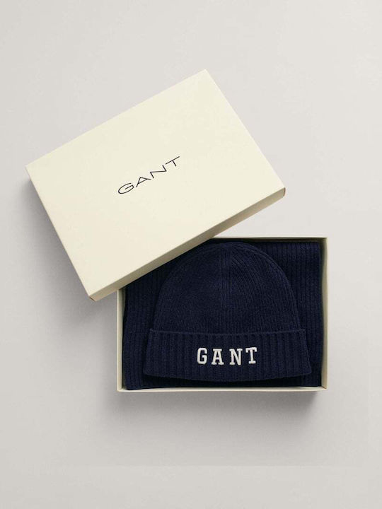 Gant Unisex Set mit Beanie Gestrickt in Blau Farbe