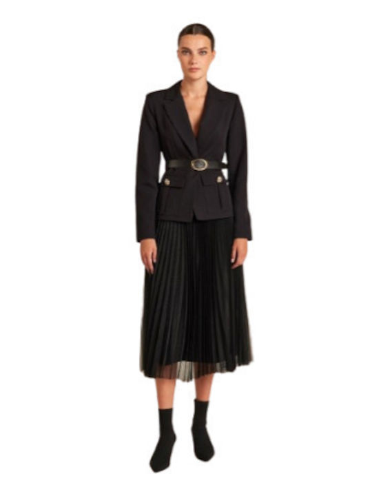 Pleated High-waisted Midi Skirt with Tulle Black