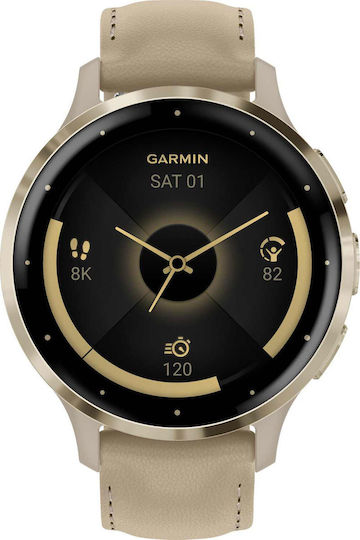 Garmin Venu 3S Stainless Steel 41mm Waterproof Smartwatch with Heart Rate Monitor (Soft Gold Stainless Steel Bezel with French Gray Case and Leather Band)