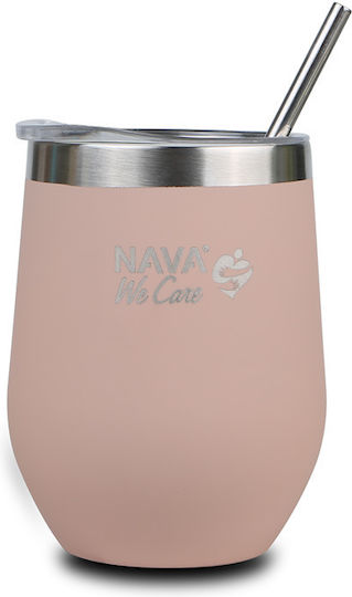 Nava Glass Thermos Stainless Steel 360ml Pink with Straw