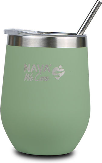 Nava Glass Thermos Stainless Steel 360ml Green with Straw