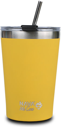 Nava Glass Thermos Stainless Steel 450ml Yellow with Straw