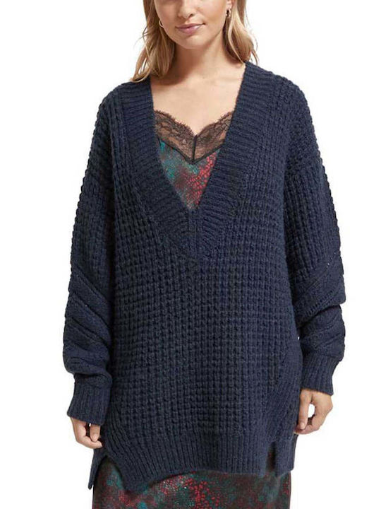 Scotch & Soda Women's Long Sleeve Pullover with V Neck Navy Blue