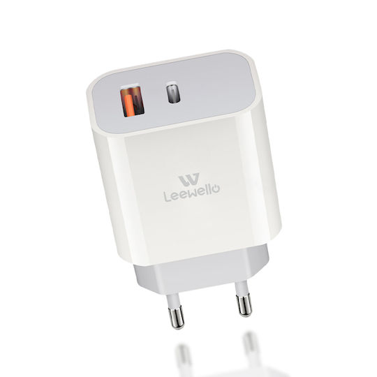Leewello Зарядно без кабел с USB-A порт и USB-C порт 20W Бял (Lw-153)