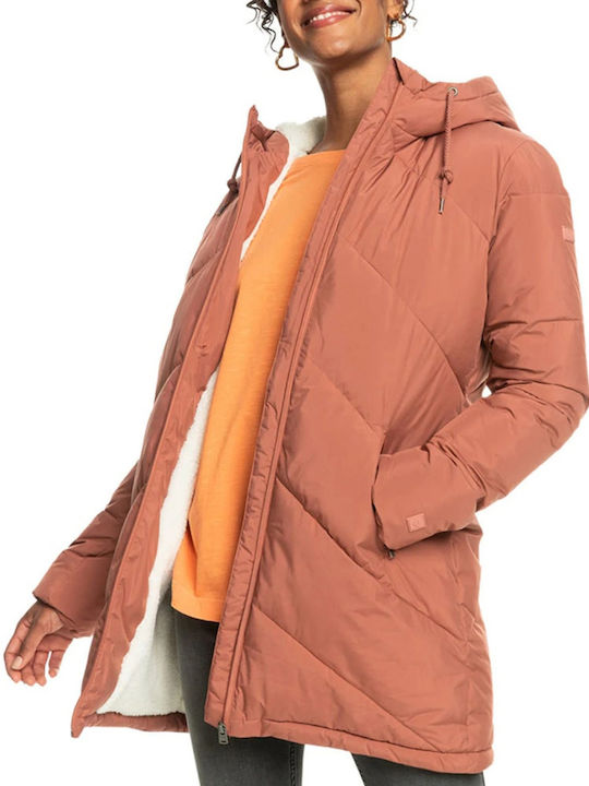 Roxy Women's Long Puffer Jacket for Winter with Hood Orange