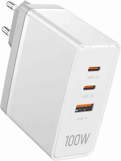Vention Φορτιστής Χωρίς Καλώδιο GaN με Θύρα USB-A και 2 Θύρες USB-C 100W Power Delivery / Quick Charge 3.0 Λευκός (FEGW0-EU)