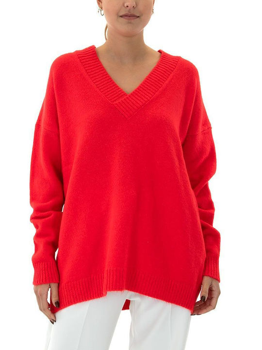 Tailor Made Knitwear Γυναικείο Μακρυμάνικο Πουλόβερ με V Λαιμόκοψη Κόκκινο