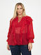 Mat Fashion Long Sleeve Women's Blouse with Tie Neck Red