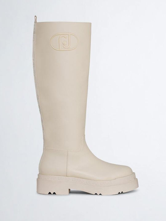 Liu Jo Love Leather Women's Boots with Medium Heel Beige