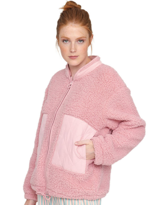 Muydemi Winter Damen Vlies Pyjama-Jacke Rosa