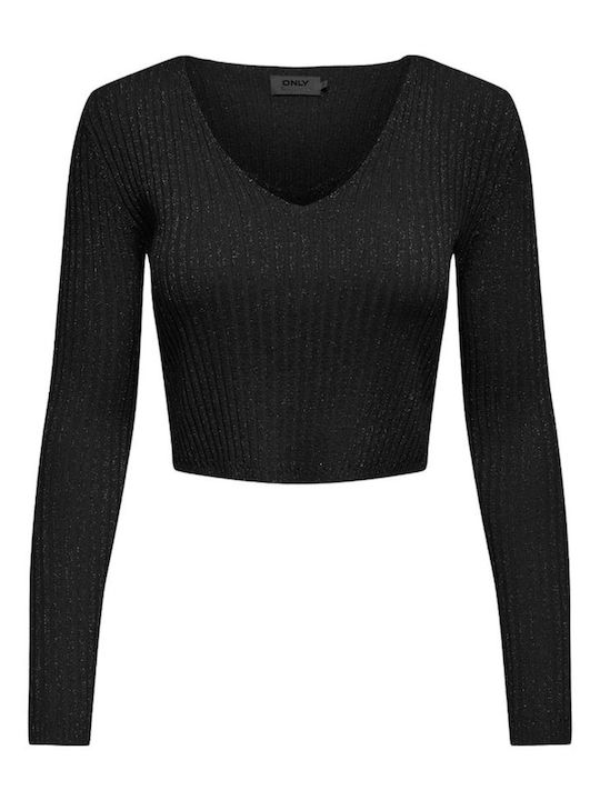 Only Women's Long Sleeve Crop Pullover with V Neck Black