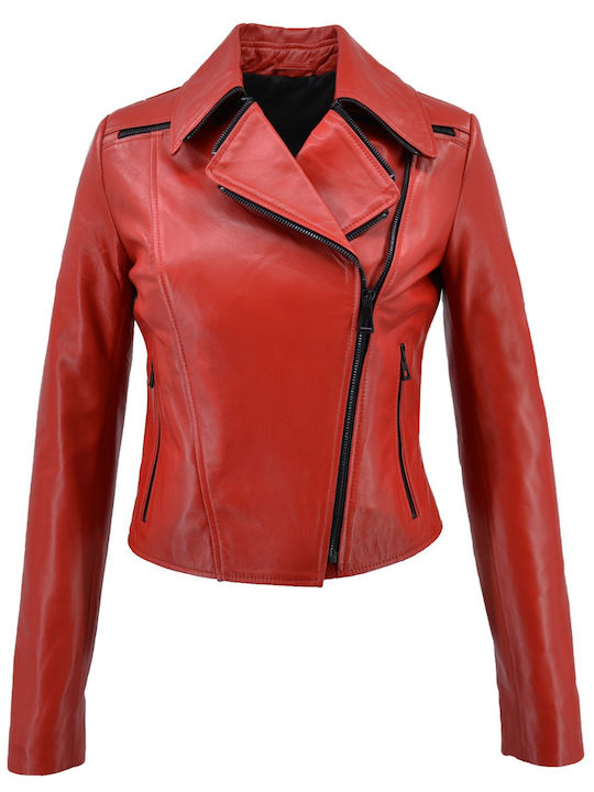 Women's Short Lifestyle Leather Jacket for Winter Red