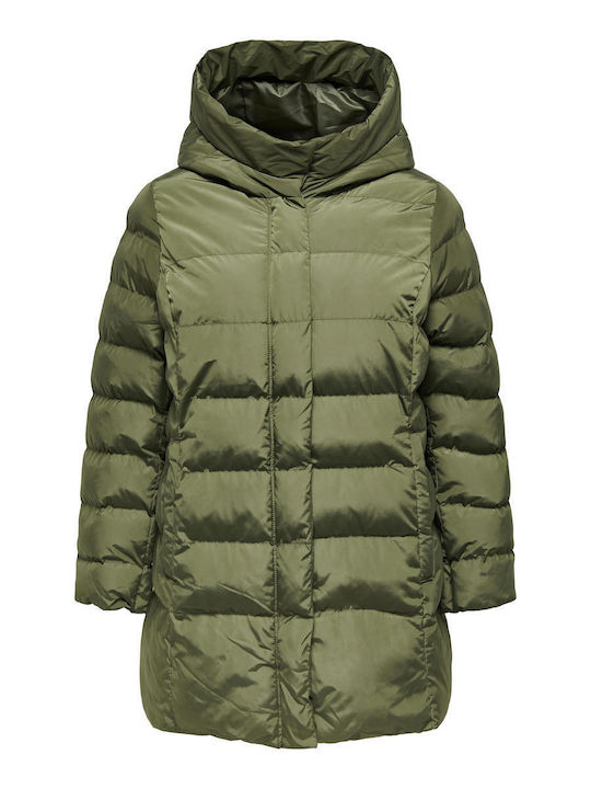 Only Women's Long Puffer Jacket Windproof for Spring or Autumn Green